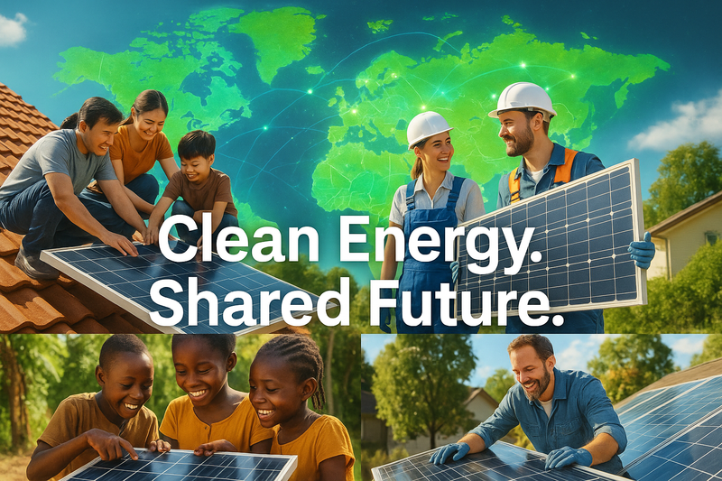 Collage of global users holding/using your panels
Map with customer coverage
Slogan overlay: “Clean Energy. Shared Future.”