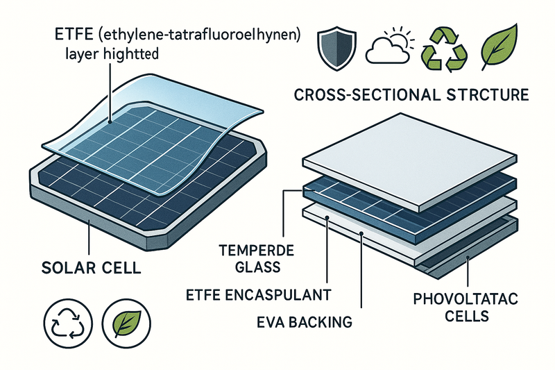 Solar cell close-up showing ETFE layer
Cross-section graphic of panel structure
Icons representing durability / recyclable materials