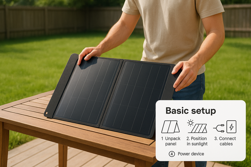 First-generation product photo (outdoor or tabletop)

Customer using panel in a backyard or rooftop

Simple setup infographic