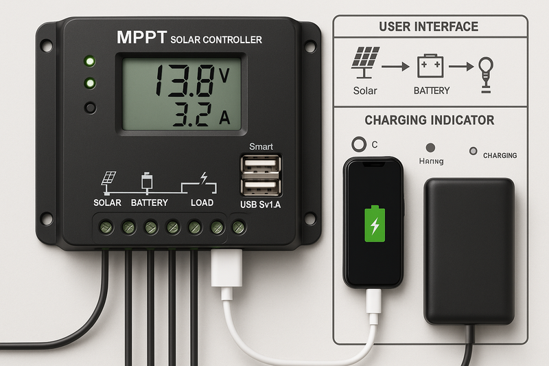 
MPPT controller close-up

Phone or battery being charged via smart output

User interface or simple instruction diagram